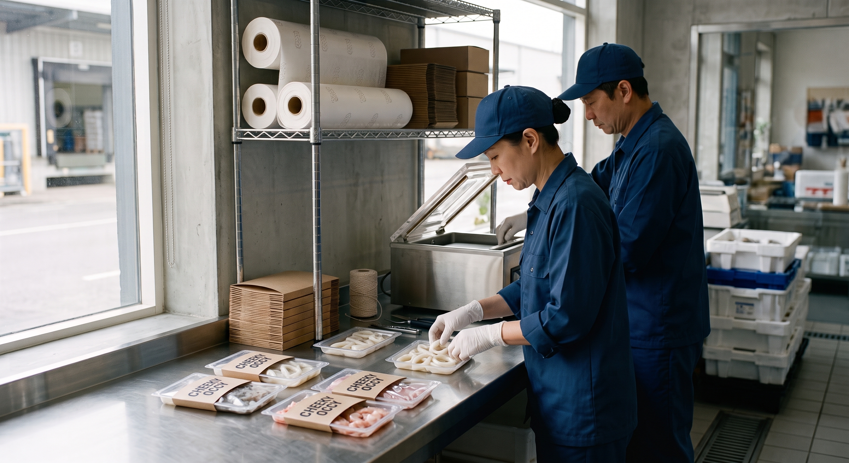 Packs being labelled and sealed at the packing bench