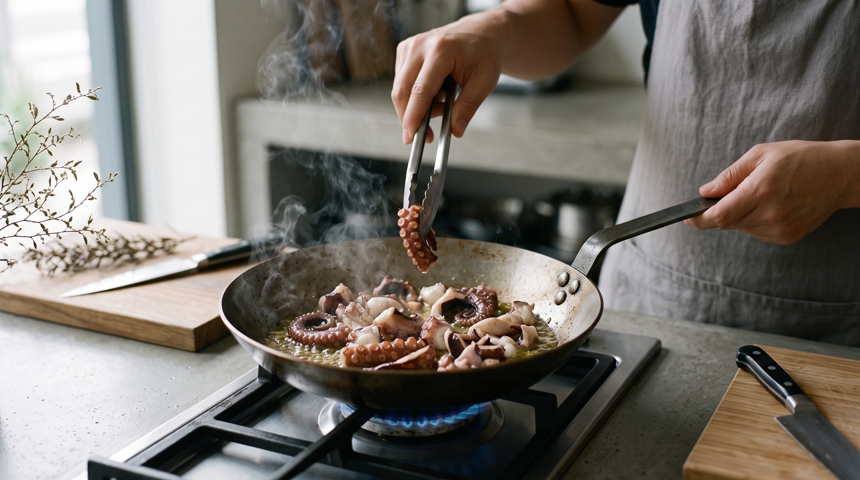 Octopus searing in a steel pan on a gas burner, tongs lifting one piece clear